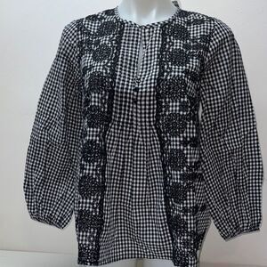 ✨J. Crew Black and White Gingham Blouse with Lace Accents Sz SMALL NWT